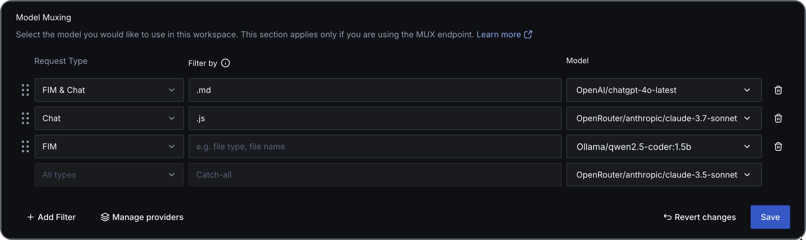 An example showing several muxing rules for different file types